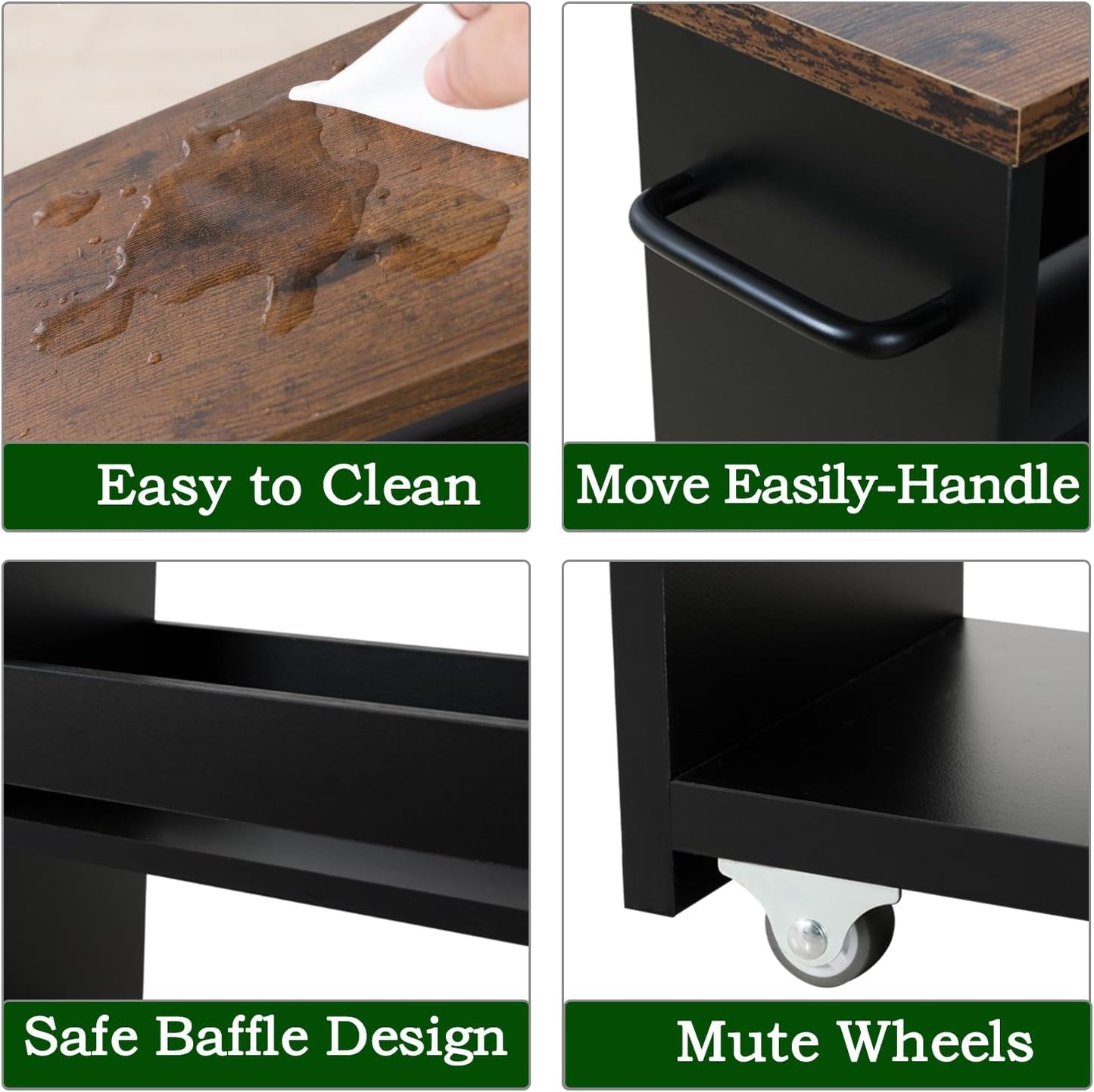 TEAMIX 4 Tier Slim Storage Cart with Handle, Slide Out Storage Rolling Utility Cart Mobile Shelving Unit Organizer Trolley for Small Spaces Kitchen Laundry Narrow Places (Black+Brown, 7-7/8'' W)