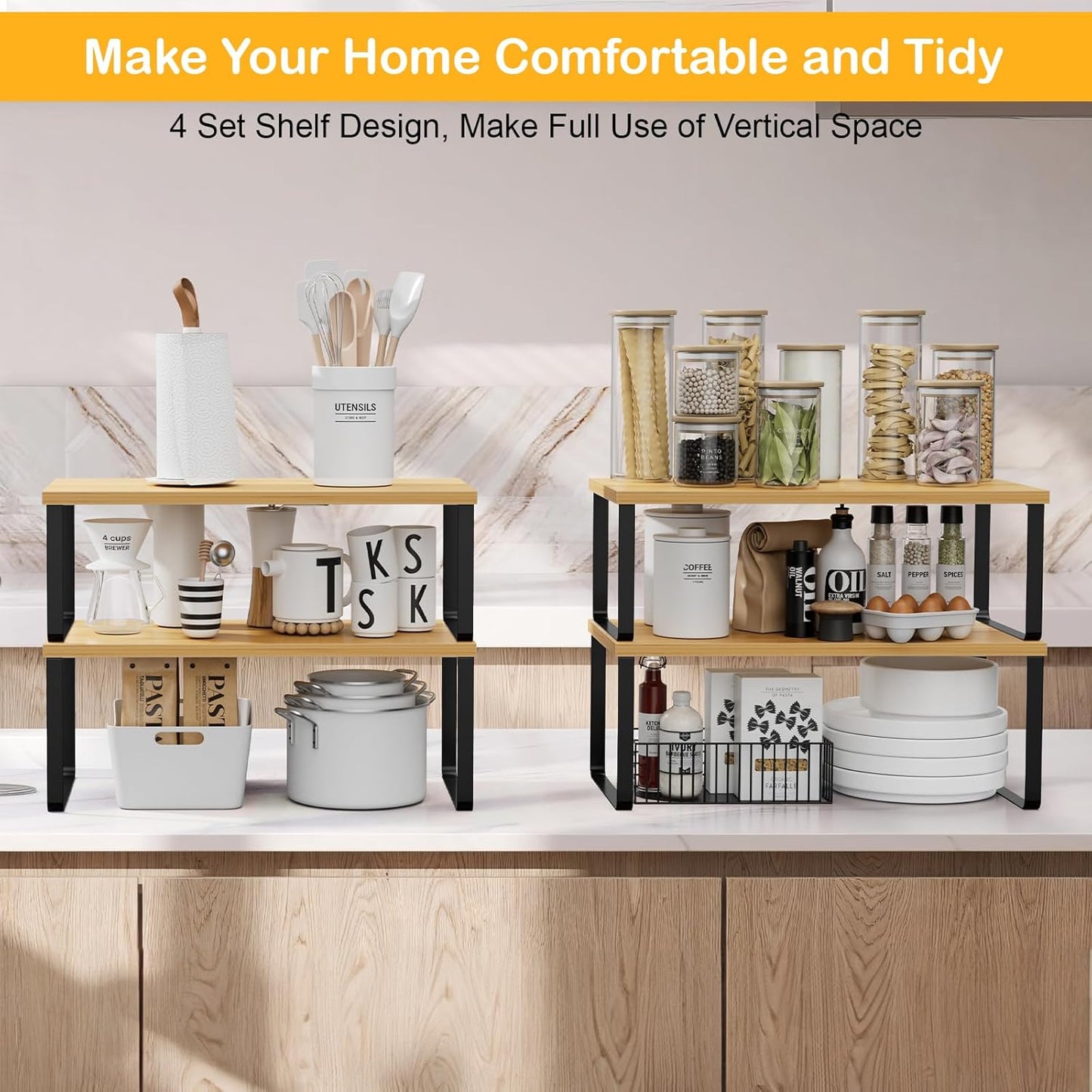 Cabinet Shelf Organizers, 15.7 inches Large Kitchen Counter Shelf, Set of 4 Wood Kitchen Pantry Organizer, Storage Shelves for Countertop, Spice Rack, Stackable, Expandable, Metal Black, Nature