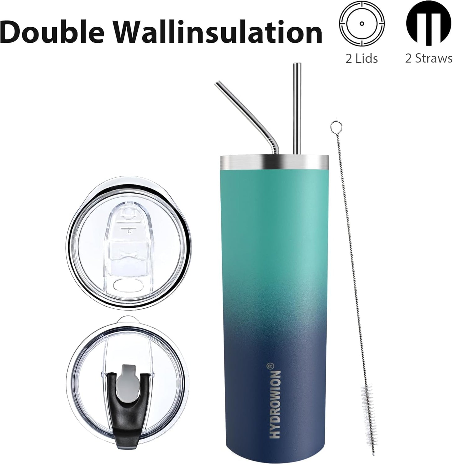 HYDROWION Triple-Insulated Tumblers - Stainless Steel with Lid and Straw, 20 oz Water Bottle, Stainless Steel Cups, Coffee Travel Mug for Home & Office Green-Blue Gradient
