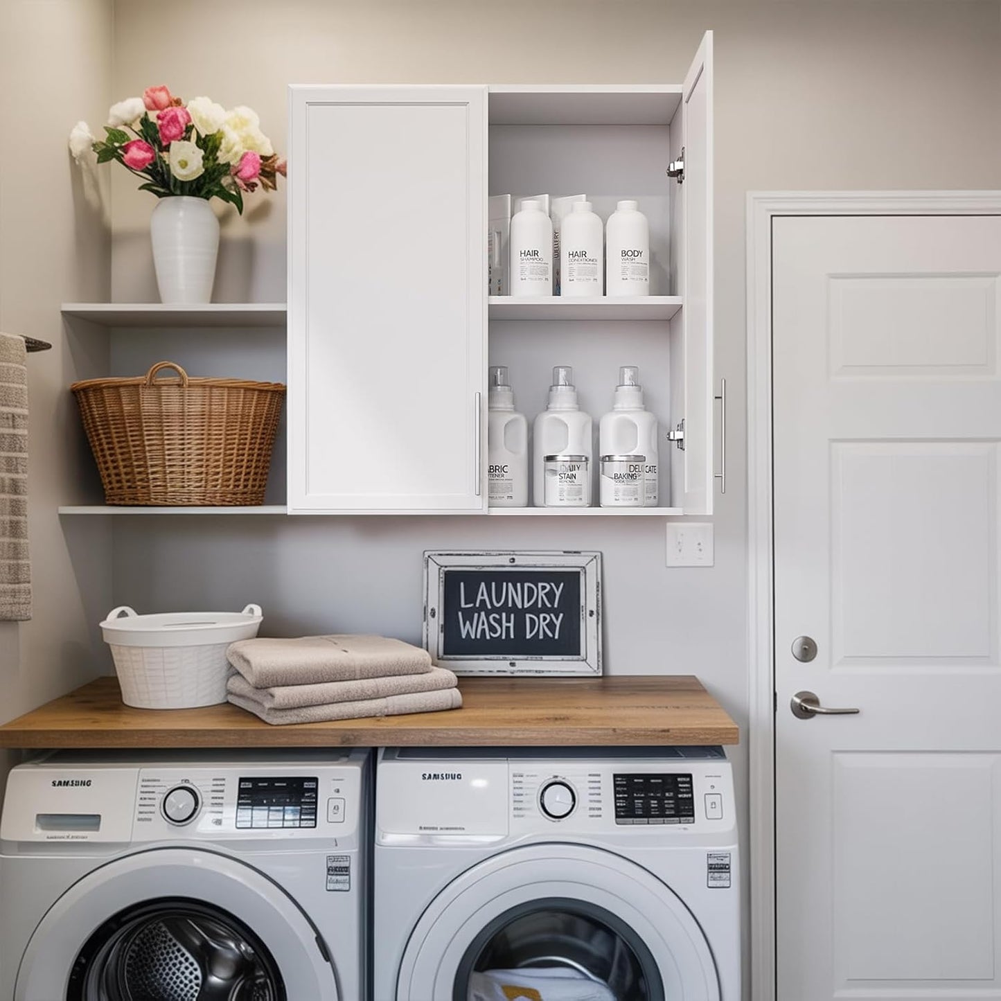 Laundry Room Wall Cabinet with Adjustable Shelf,Wall Mounted Kitchen Cabinets with Two Shaker Doors,Upper Storage for Laundry Room, Bathroom, Kitchen,Large,White