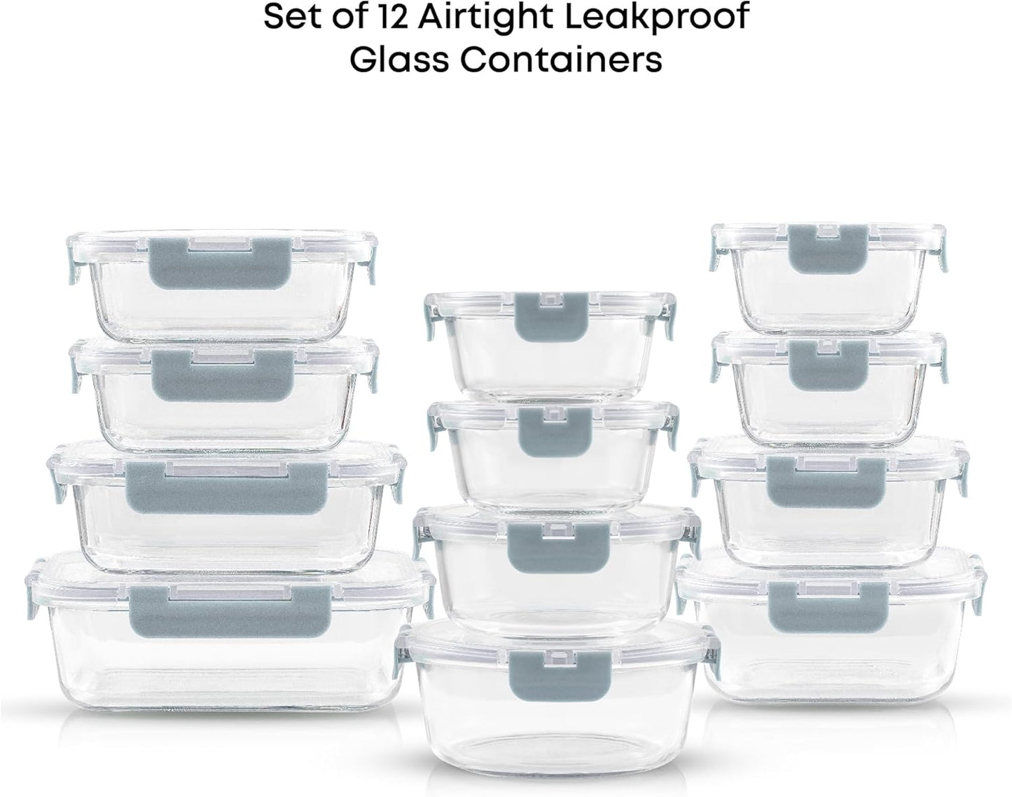 JoyJolt 24pc Borosilicate Glass Storage Containers with Lids | 12 Airtight/Freezer Safe Food Storage Containers for Pantry and Kitchen | Meal Prep Container for Lunch | Glass Tupperware Set