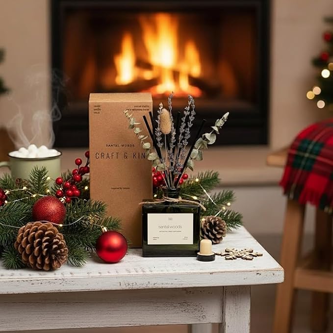 Craft & Kin Christmas Reed Diffuser with Dried Flowers | 5 oz Santal Woods Holiday Scented Reed Diffusers for Home, Bathroom | Scent Sticks | Elegant Fragrance Home Decor for Men & Women