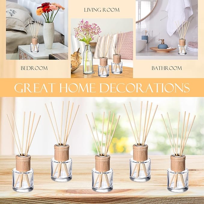 Roshtia 20 Set Reed Diffuser Bottle Empty Refillable Fragrance Glass Diffuser Bottles Set with Wooden Caps Rattan Sticks 50ml 1.7 oz Round Glass Jars for DIY Fragrance