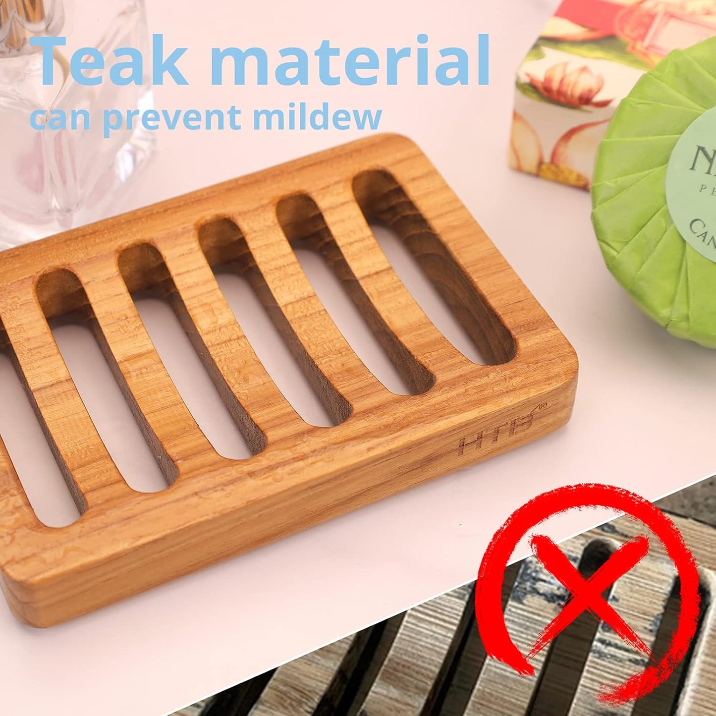 Slotted Soap Dish 2 Pack Teak Wood by HTB, Kitchen Wooden Sponge Holder, Self Draining Soap Dish for Shower, Sink, Bathroom, Bathtub, RV