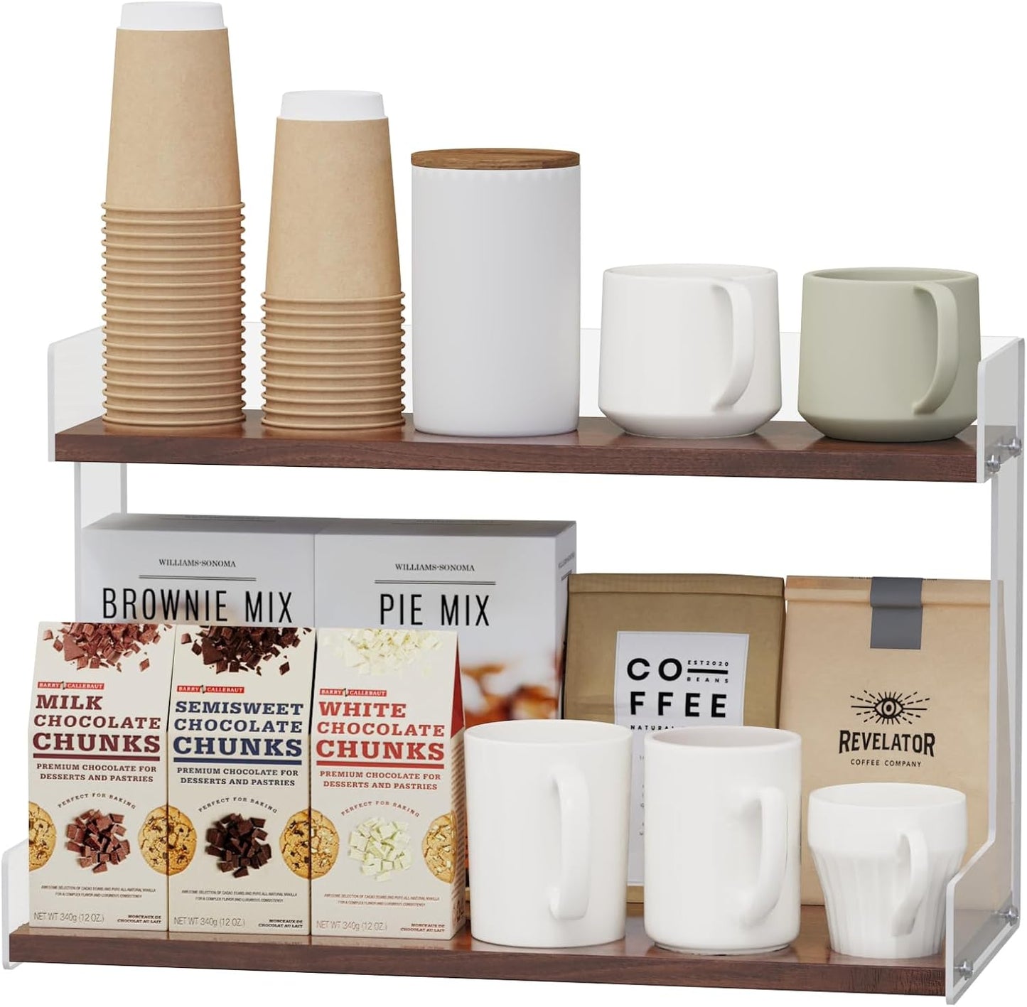 2 Tier Acrylic Coffee Station Organizer Countertop, Kitchen Counter Holder for Tea Bags Mugs Cups Syrup Sugar Spice, Condiment Storage Rack, Multifunctional Shelf Organizer for Coffee Bar Accessories