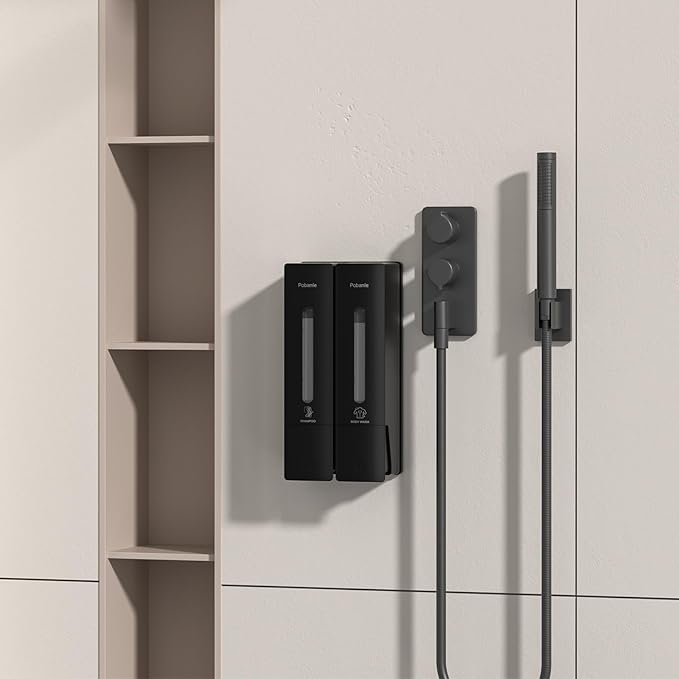 1984 Shampoo and Conditioner Dispenser Wall Mount Shower Dispenser 2 Chamber No Drill Bathroom Set Shampoo Dispenser for Shower Wall Home Hotel 400ml x 2 Black