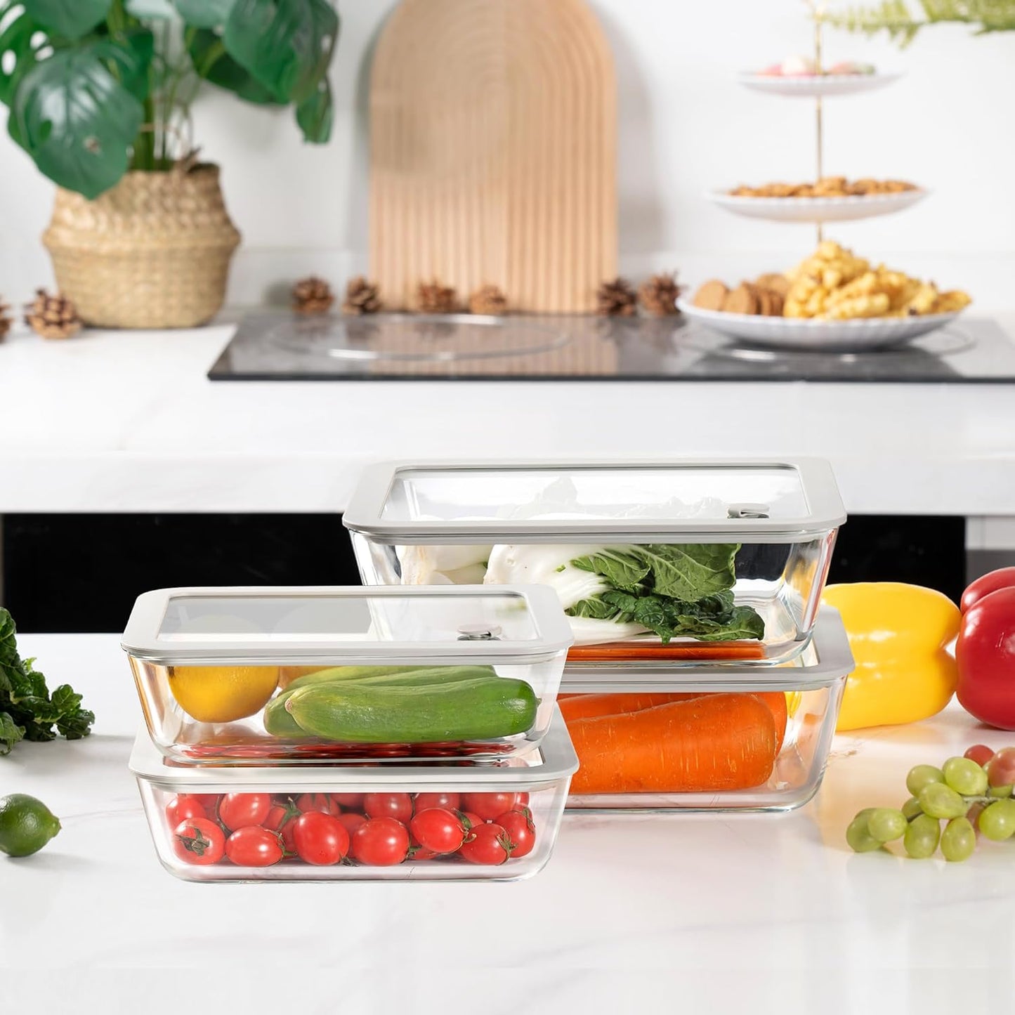 Glass Food Containers with Glass Lid, Microwave Safe Food Storage Container Set, 2 Pack of 48oz, Large Size Meal Prep Storage Set with Airtight Leak Proof Lid.