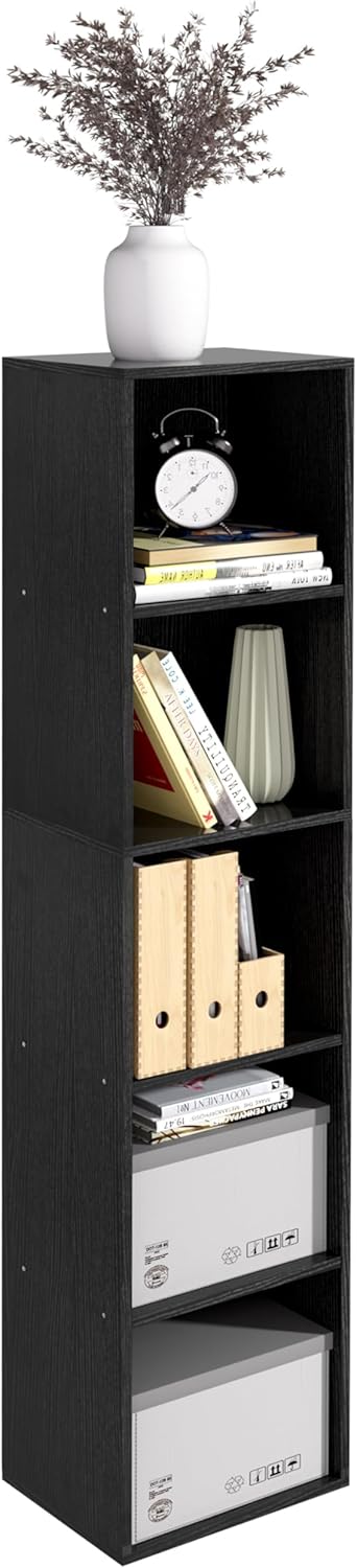 Wooden 5 Cube Storage Organizer, 5 Tier Storage Cubes Storage Display Cubby, 52 Inch Tall Versatile Cubes Shelf and Cubby Organizer for Any Space (Black, 5 Cube-W(11.8inch)