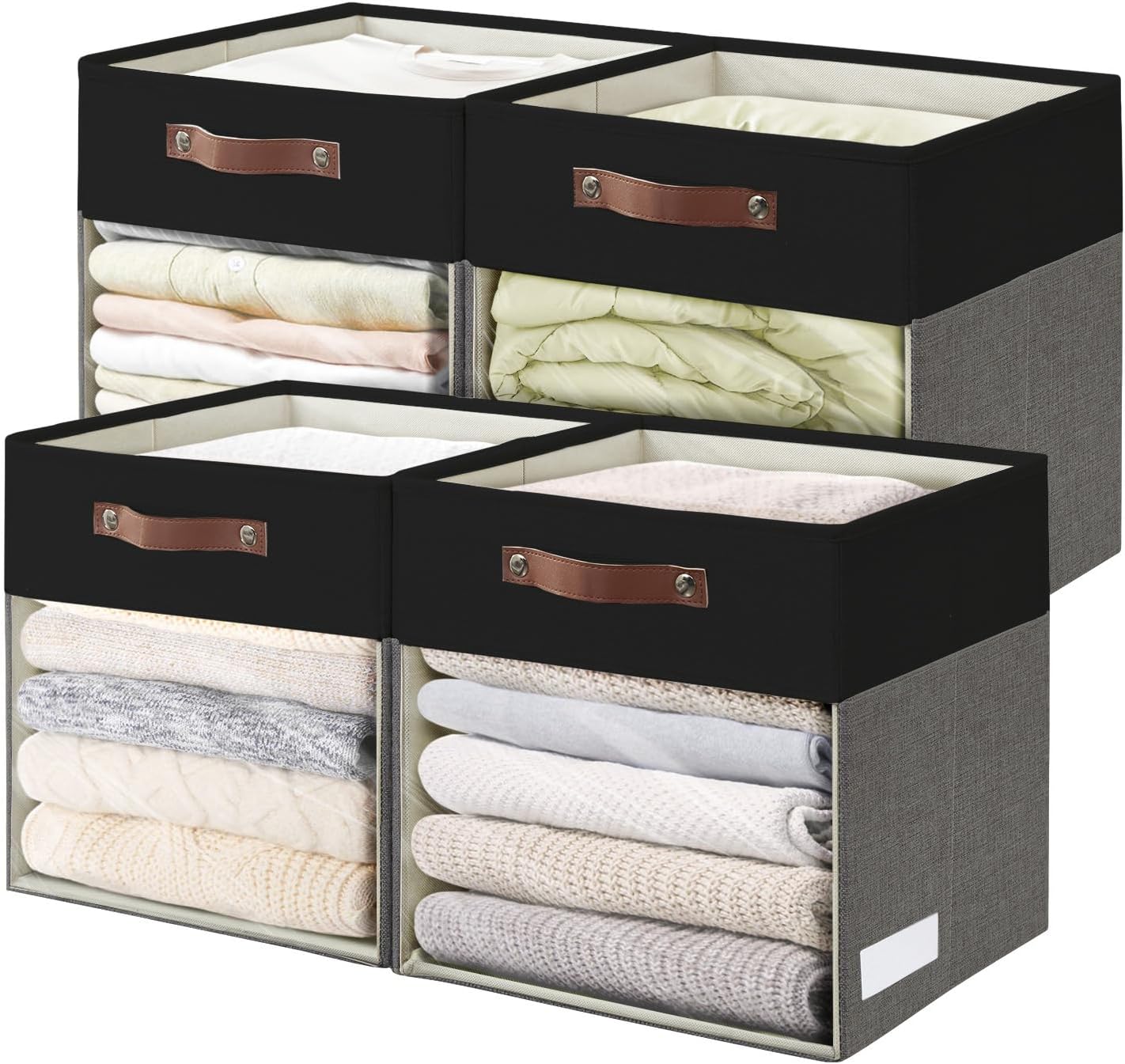 Storage Cubes, 4 Pack Linen Foldable Storage Bins (13 x 13 inch) with Clear Window and Handles, Fabric Organizer for Shelf Closet, Clothes, Books - (Gray and Black)