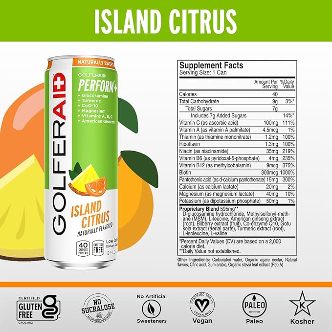 GOLFERAID Performance Blend, Up Your Golf Game, No Caffeine, Glucosamine, Turmeric, MSM, CoQ10, B-Complex, BCAAs and Electrolytes, 40 Calories, 100% Clean, Paleo, Vegan, 12 Fl Oz (Pack of 12)