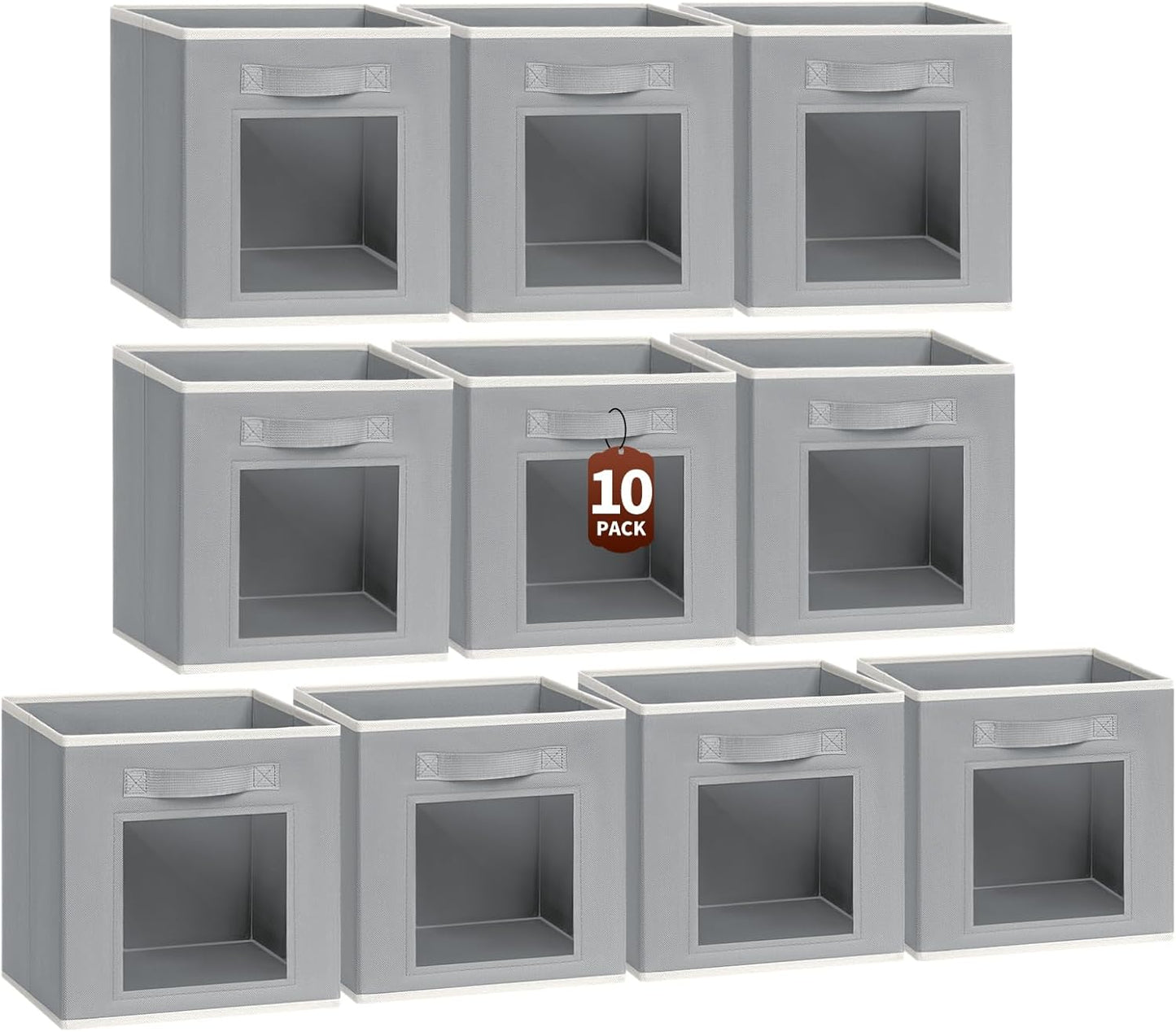 Foldable Storage Cubes - Cubby Storage Organizer with Window, 11 Inch Baskets for Organizing, Collapsible Fabric Storage Cubes for Shelves, Closet, 10 Pack, Grey
