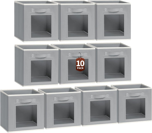 Foldable Storage Cubes - Cubby Storage Organizer with Window, 11 Inch Baskets for Organizing, Collapsible Fabric Storage Cubes for Shelves, Closet, 10 Pack, Grey