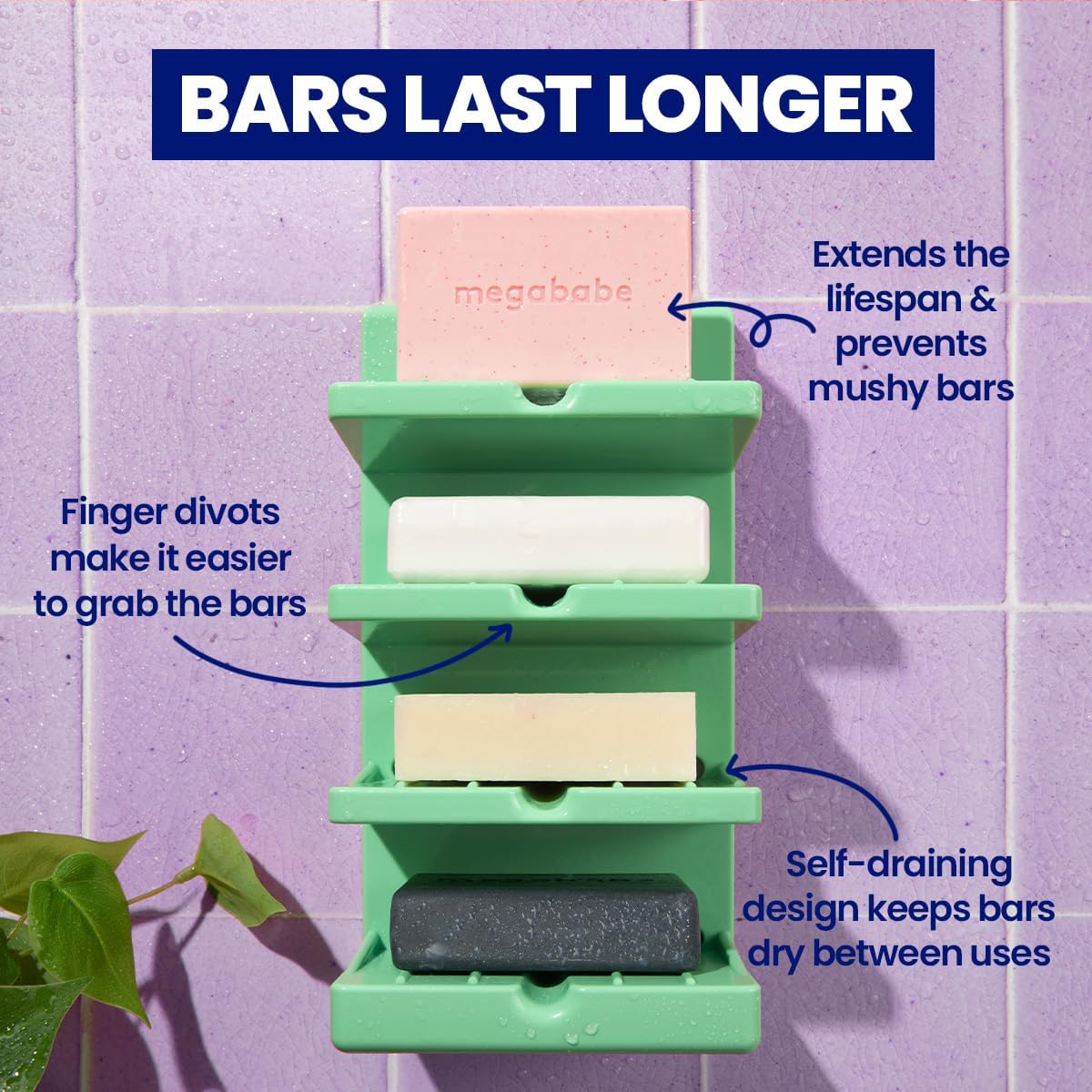 Megababe 4-Tier Bar Soap Tower | Holds 4 Bars | Suctions or Sticks | Self-Draining