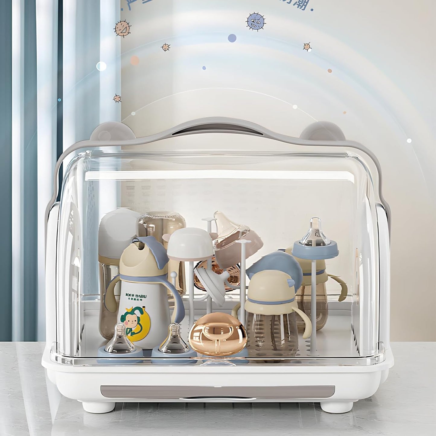 Transparent Baby Bottle Drying Rack with Double Lid and Removable Drain Tray Dust-Proof Baby Bottle Storage Box, Space Saving Baby Bottle Rack Dryer (Blue - Large)