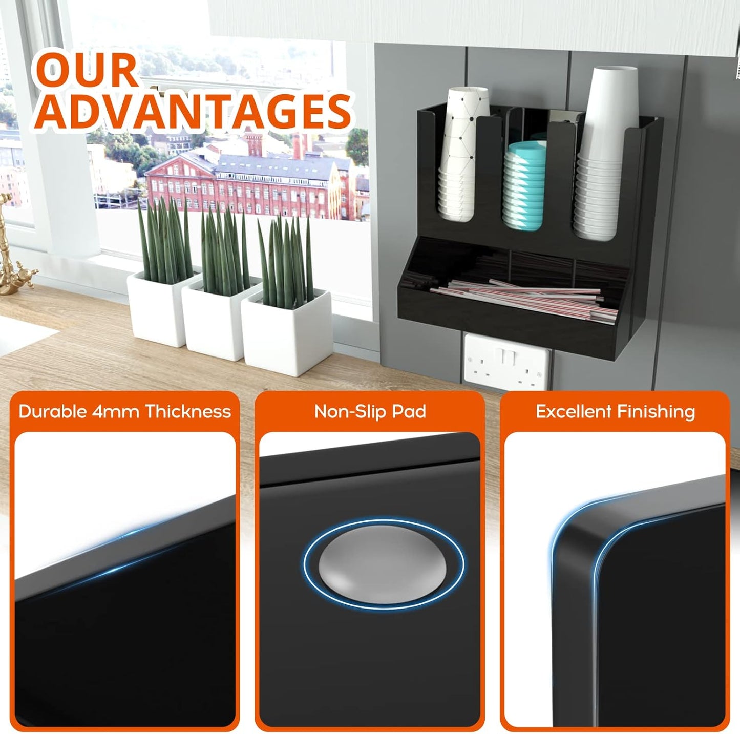 Richboom Cup and Lid Organizer, 6 Compartments with 2 Removable Dividers Coffee Station Countertop Cup Dispenser Condiment Organizer Accessories Caddy for Breakroom, Office, Home - Black