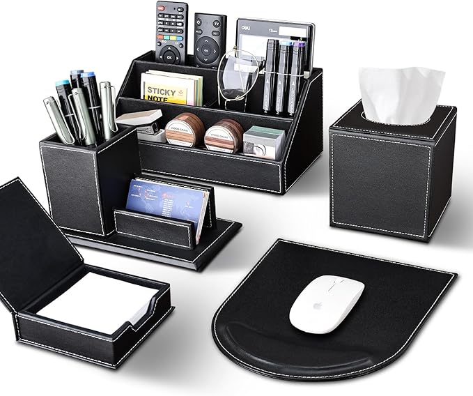 KINGFOM 5PCS Desk Organizer and Accessories Set, Pu Leather Office Supplies with Multifunction Desktop Organizer Storage Box, Tissue Holder, Mouse Pad, Note Paper Holder, Pencil Holder for Desk Black