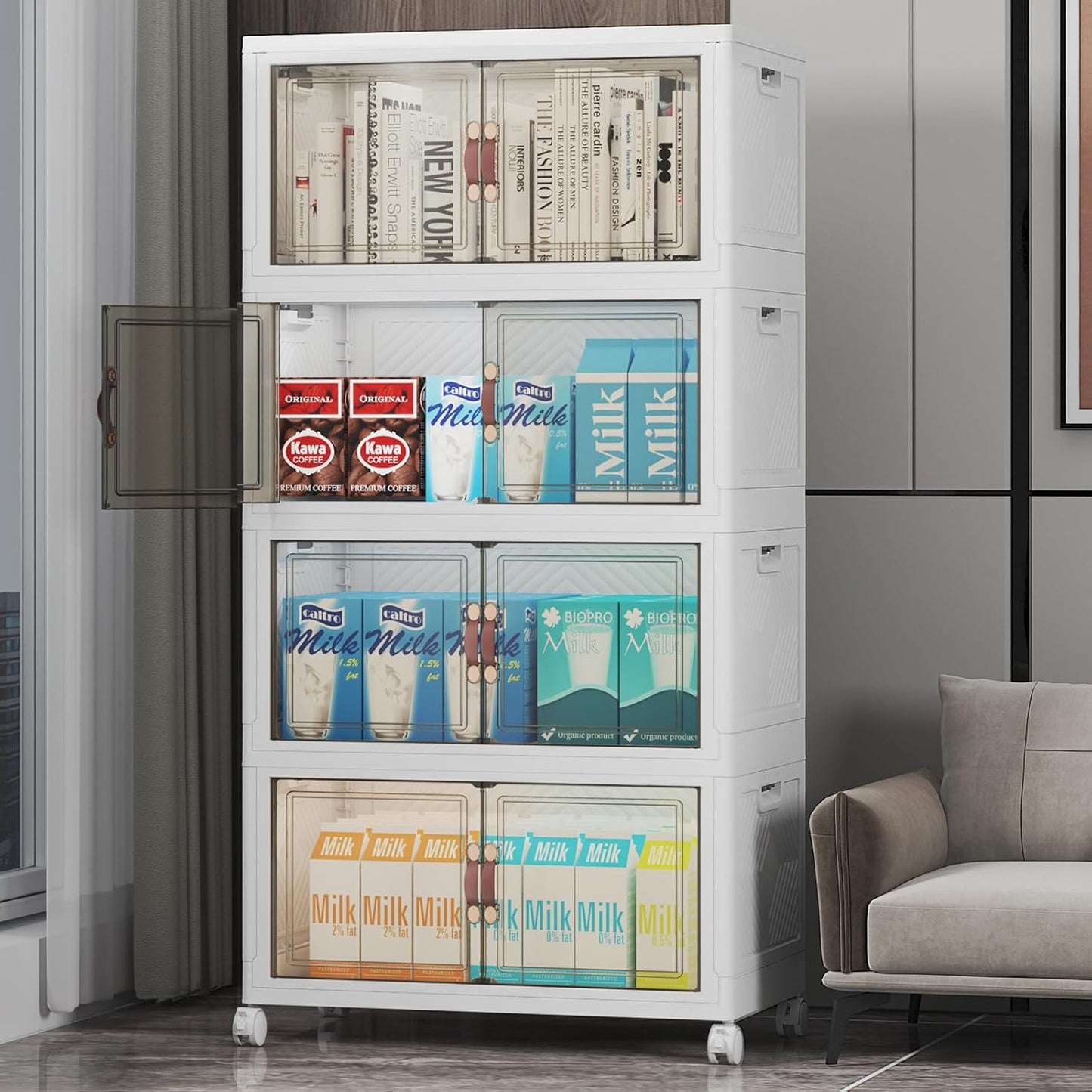 Extra Large Stackable Storage Bins with Lids & Wheels & Door, 208QT-52QT/13GAL*4Pack Foldable Collapsible Closet Organizers, Plastic containers drawers for bedroom Dorm