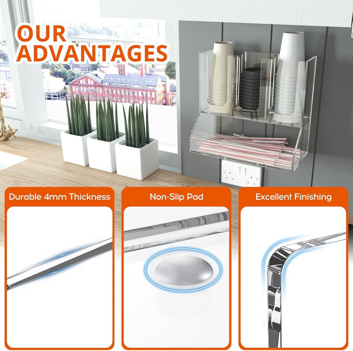 Richboom Cup and Lid Organizer, 6 Compartments with 2 Removable Dividers Coffee Station Countertop Cup Dispenser Condiment Organizer Accessories Caddy for Breakroom, Office, Home - Clear