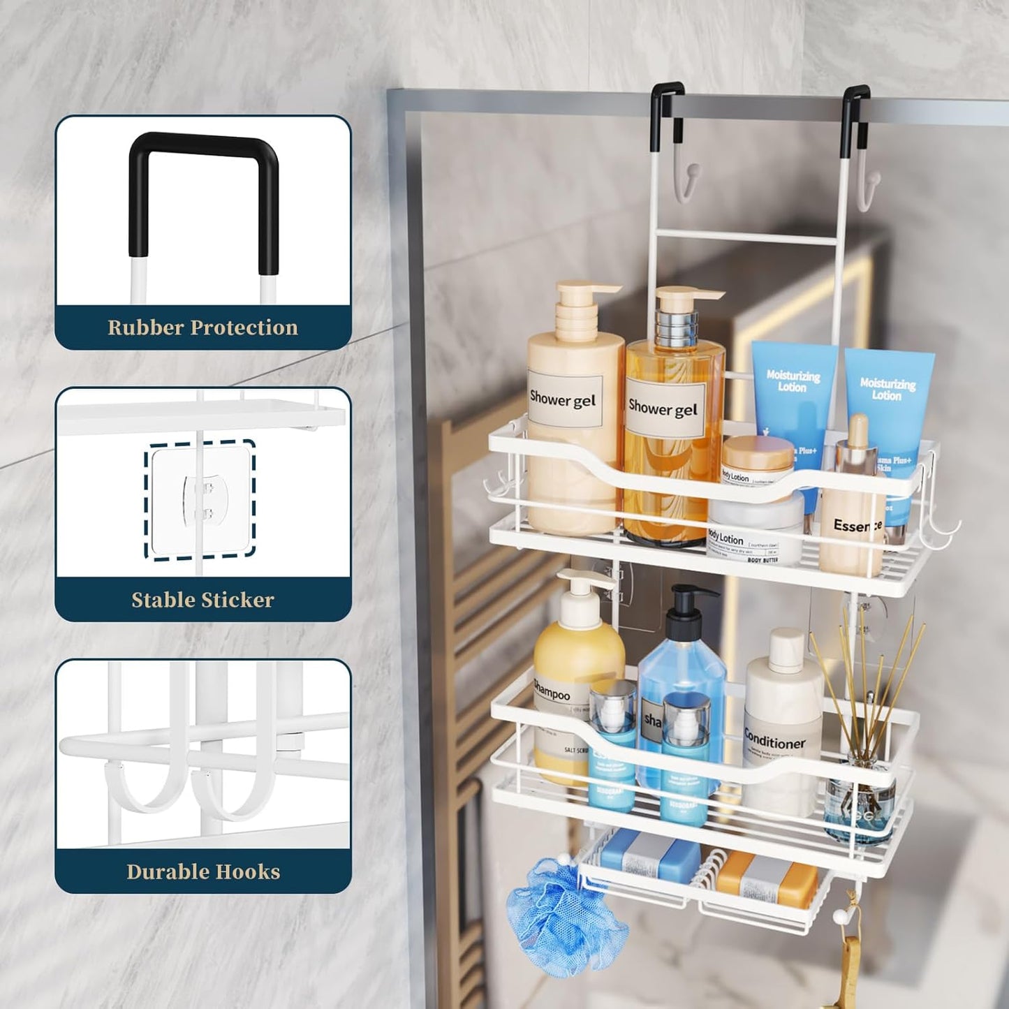 Consumest Over The Door Shower Caddy - 3 Tier Shower Organizer Hanging with Soap Holders, Large Capacity Shower Shelves with 6 Hooks, Bathroom Rack and Storage, White