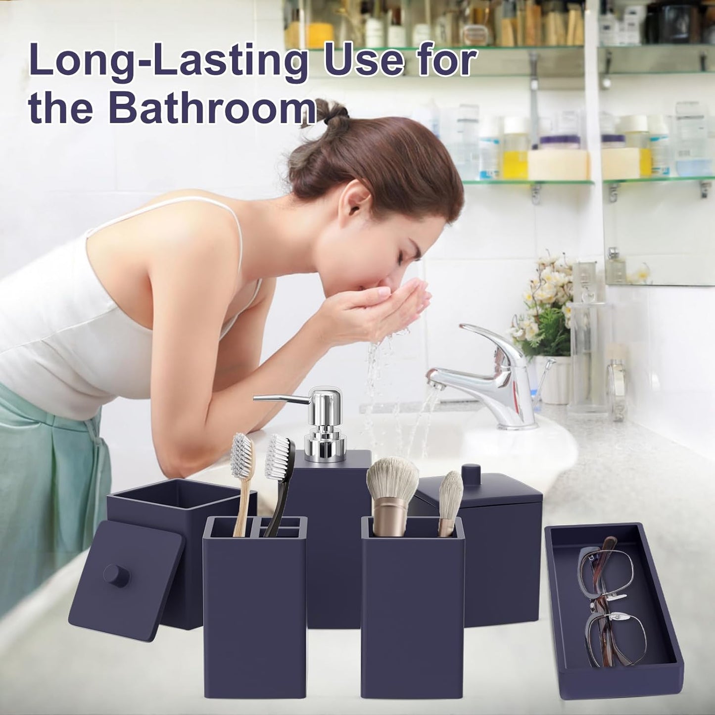 Navy Blue Bathroom Accessories Set Resin 6PCS, Square Toothbrush Holders Set Complete with Soap Dispenser, Vanity Tray, Tumbler, Cups and Cotton Swab Jars for Counter, Sink or Small Spaces