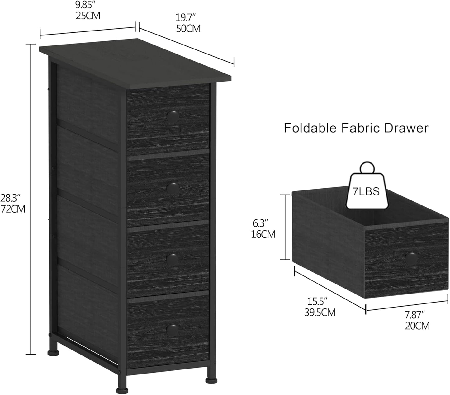 GiftGo Narrow Dresser Vertical Slim Dresser Chest of Drawers Skinny Storage Tower for Small Spaces Gaps Closet Bedroom Bathroom Small Fabric Drawer Unit (Charcoal Black, 4 Drawers)