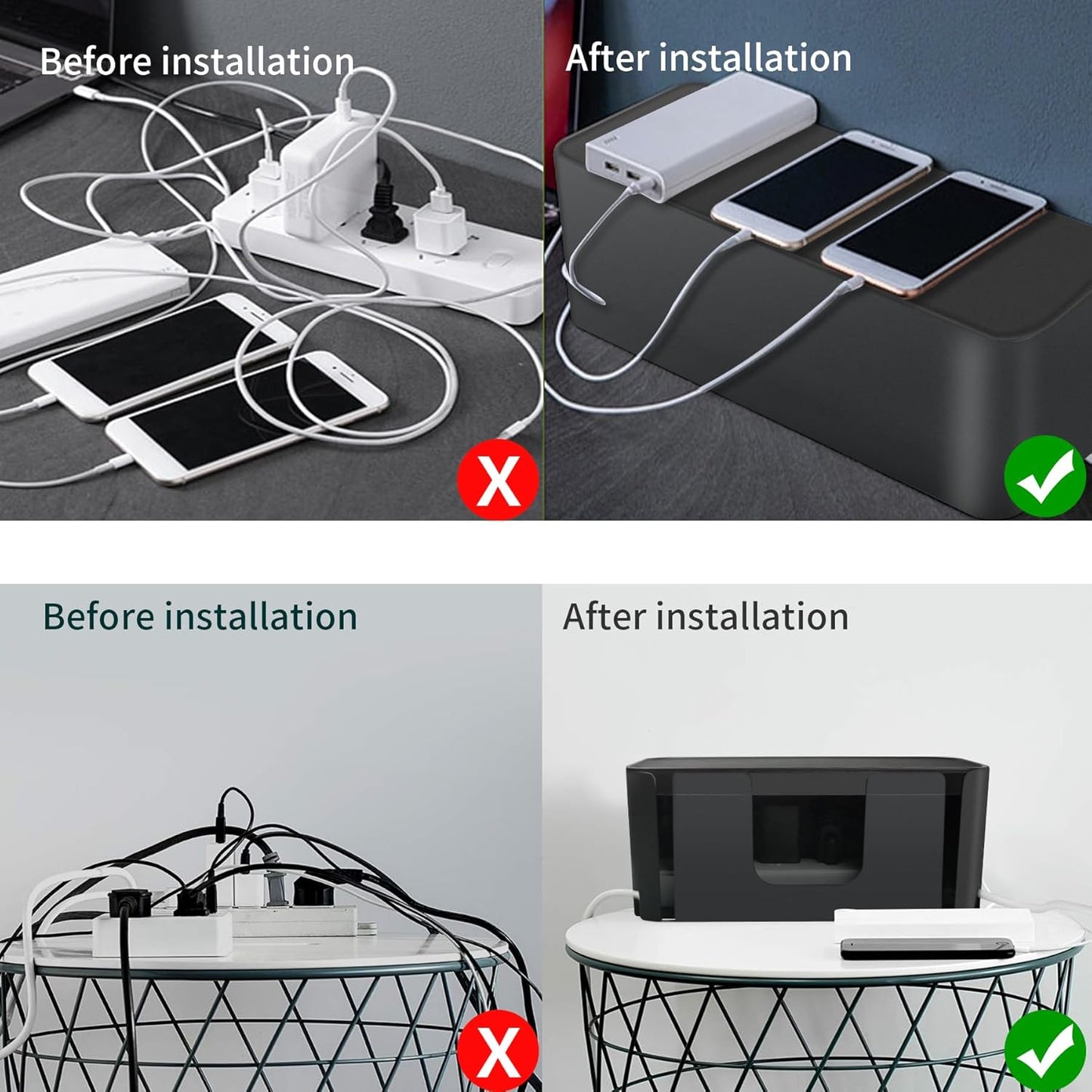 Cord Organizer Box, Cable Hider for Power Strips, Surge Protector, Extension Cord and Wire Management, Cable Management Box (2PCS/Large and Medium Size/Black)