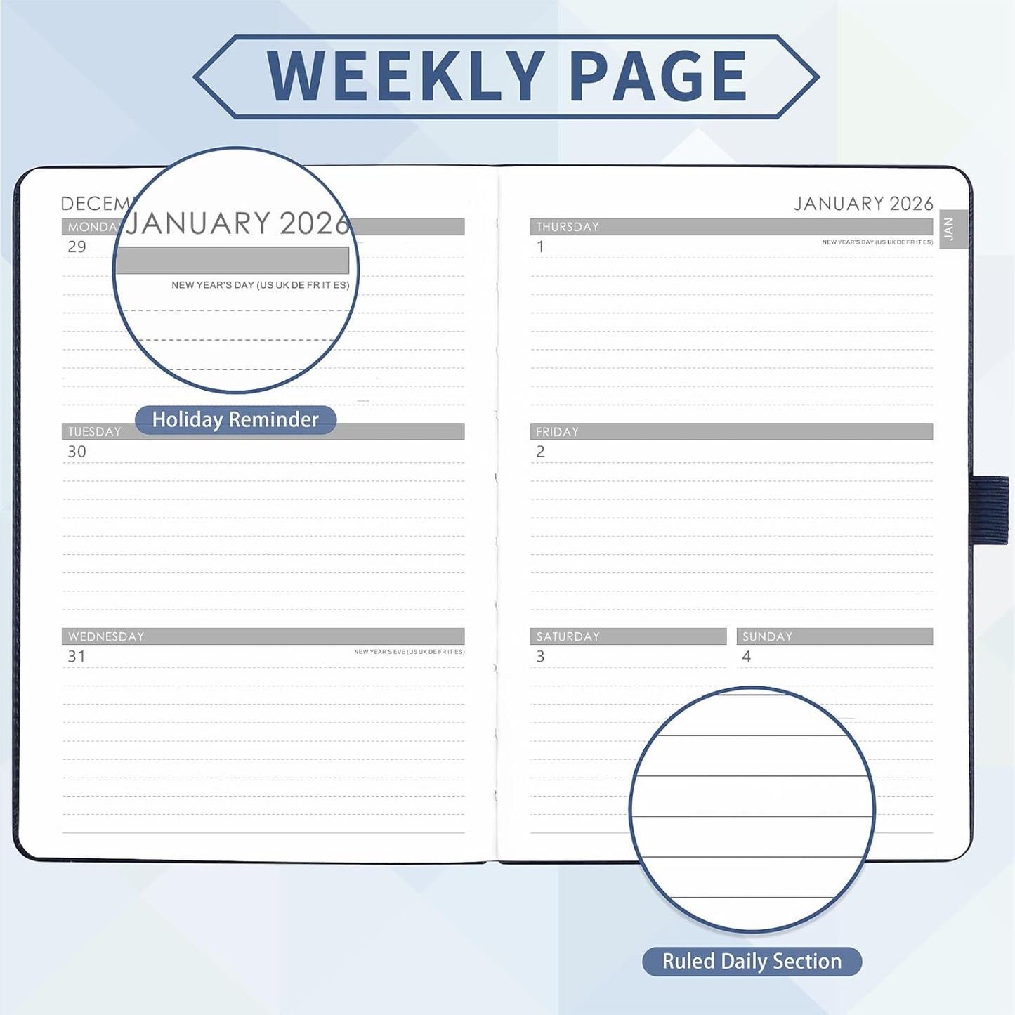 2026 Planner - Planner 2026, 2026 Weekly Monthly Planner, Jan.2026 - Dec.2026, 5.7'' x 8.4'', Thick Paper, Leather Cover, Pen Holder, Back Pocket, Bookmarks, Perfect Daily Organizer - Navy Blue