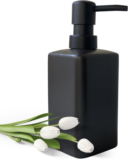 Soap Dispenser - Black Rectangular, 12 Oz, Ceramic with Plastic Pump