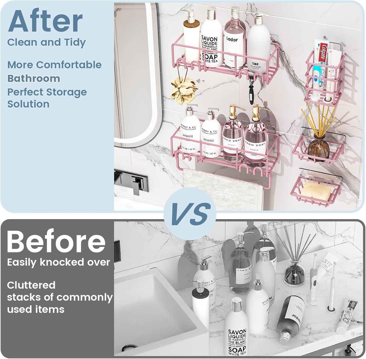 5-Pack Shower Caddy, Adhesive Shower Organizer, No-Drill Space Saving Shower Shelf with Soap Dish, Rustproof Shower Shampoo Holder for Kitchen & Bathroom Storage & Home Decor (Pink)