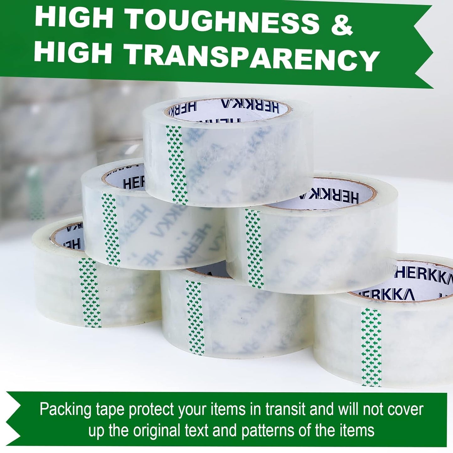 HERKKA Clear Packing Tape, 12 Rolls Heavy Duty Packaging Tape for Shipping Packaging Moving Sealing, Thicker Clear Packing Tape, 2 inches Wide, 65 Yards Per Roll, 780 Total Yards