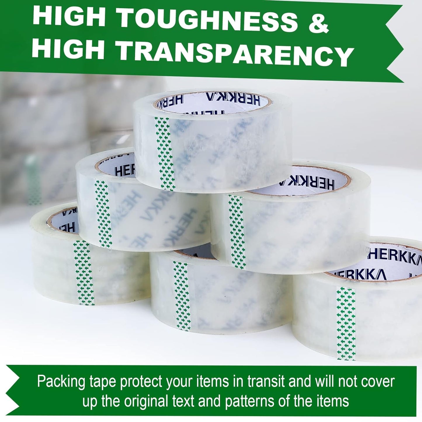 HERKKA Clear Packing Tape, 18 Rolls Heavy Duty Packaging Tape for Shipping Packaging Moving Sealing, Thicker Clear Packing Tape, 1.88 inches Wide, 65 Yards Per Roll, 1170 Total Yards