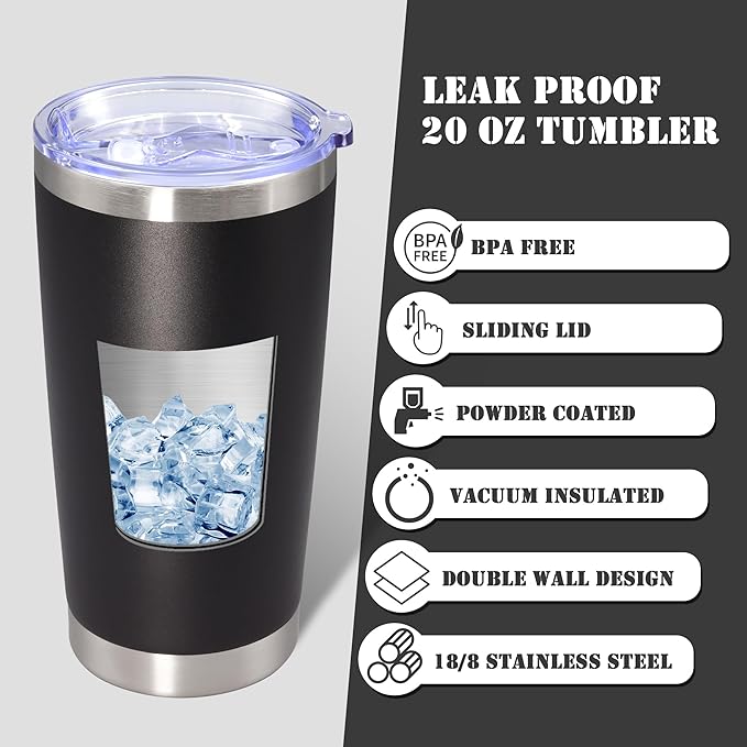 20 oz Tumbler with lid Double Wall Vacuum Insulated Tumblers Stainless Steel Coffee Mug Travel Coffee Tumbler Powder Coated Tumbler Cup Keep Hot&Cold - (Black 6 Pack)