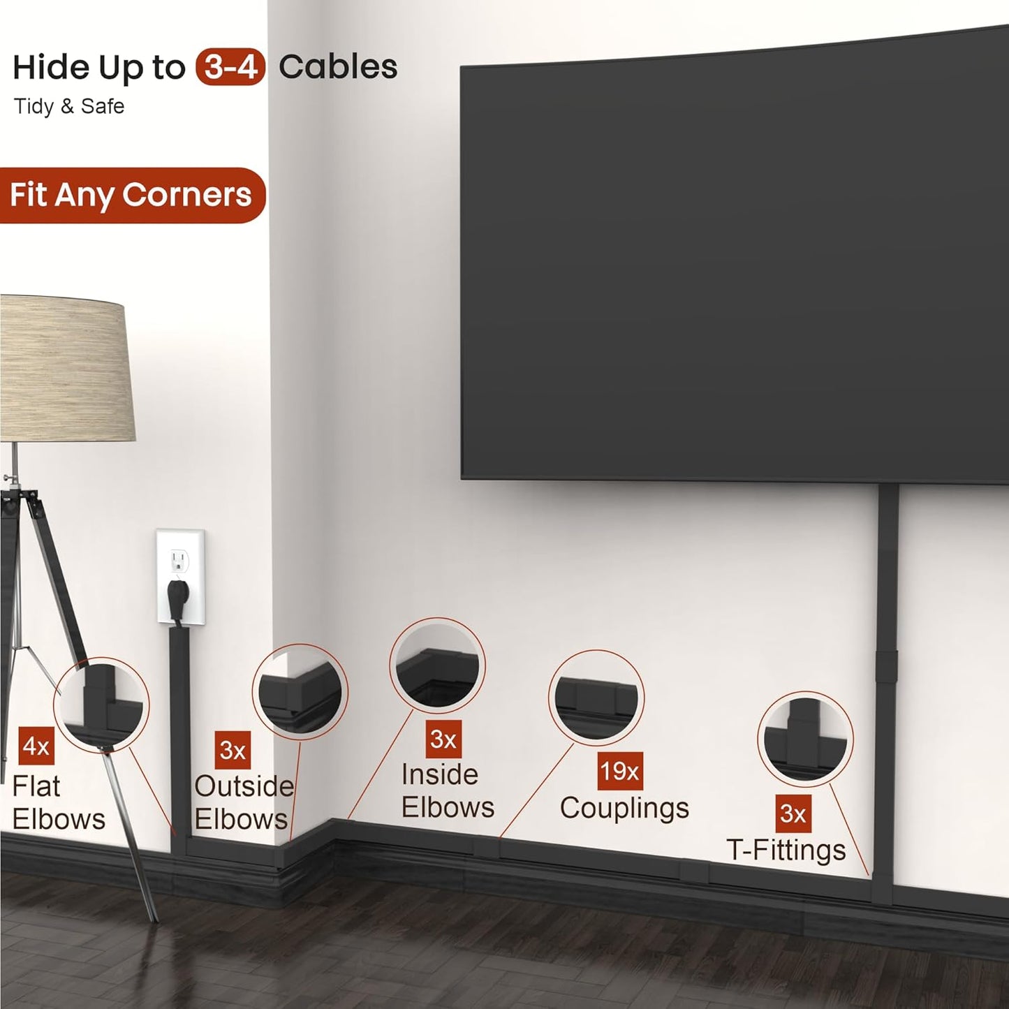 Black Cord Hider Cable Raceway - 315in Wire Cover for Cords, Hide Wires, Cord Covers for Wall Mounted TV, Cable Hider Wall Kit, Large Conduit Channel