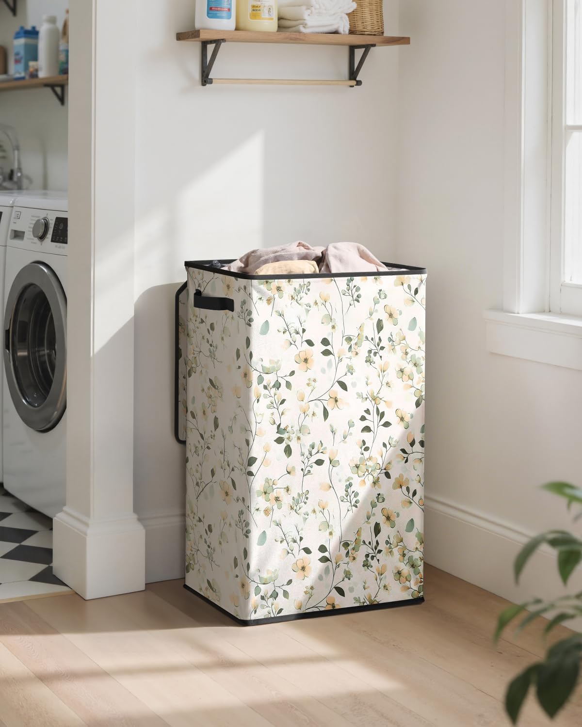 SOLEDI Laundry Hamper with Lid, 90L Tall & Large Floral Laundry Basket, Collapsible Clothes Hamper with Removable Bag, Dirty Hampers for Bedroom, Bathroom, Laundry Room