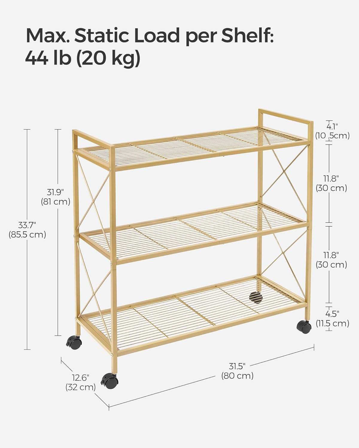 SONGMICS 3-Tier Metal Storage Rack with Wheels, Mesh Shelving Unit with X Side Frames, 31.5-Inch Width, for Entryway, Kitchen, Living Room, Bathroom, Industrial Style, Metallic Gold UBSC183A01