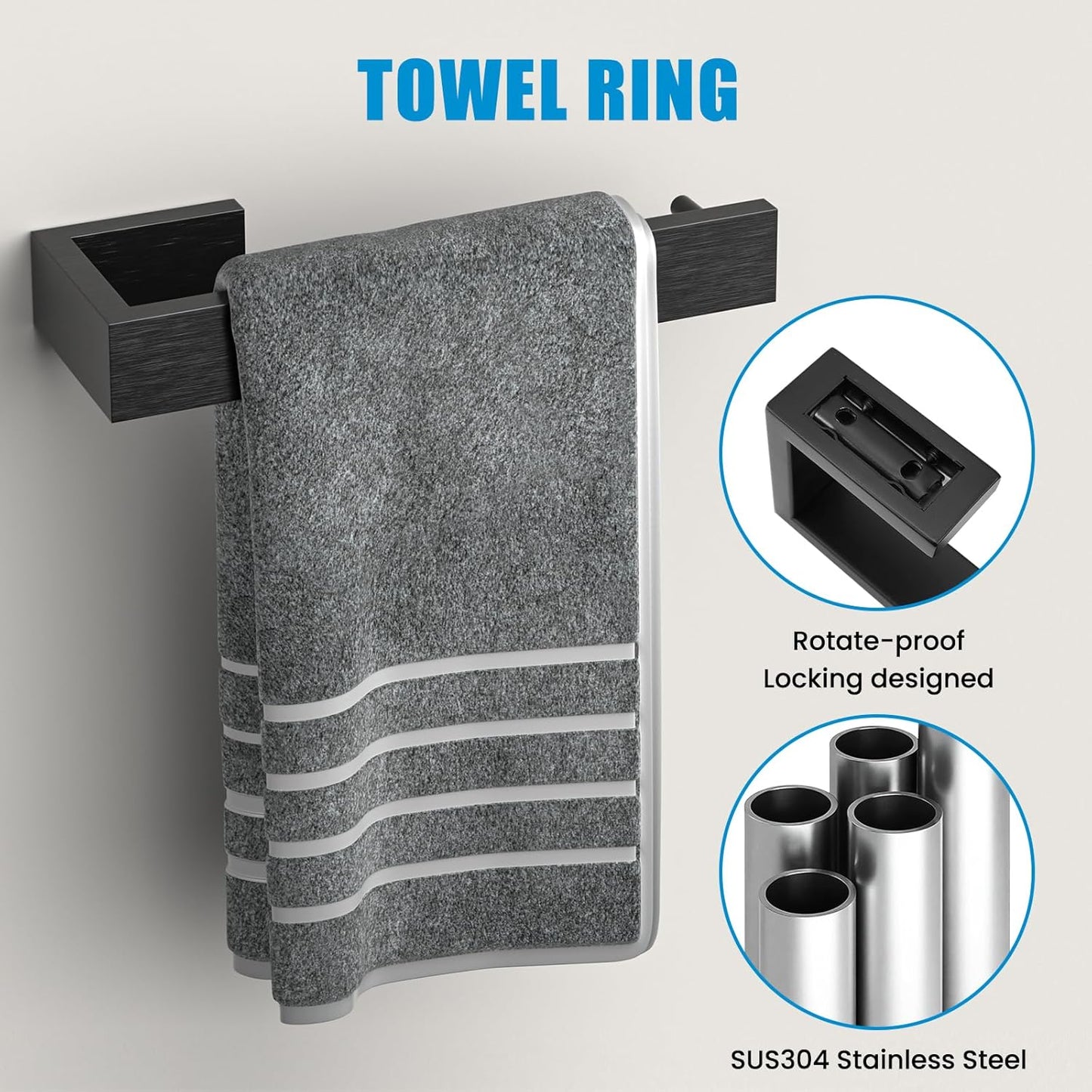 4 Pcs SUS304 Stainless Steel Bathroom Accessories Set, 24" Towel Bar, Towel Holder, Toilet Paper Holder, Robe Hook, Minimalist Design for All Styles Bathrooms (Brushed Black)