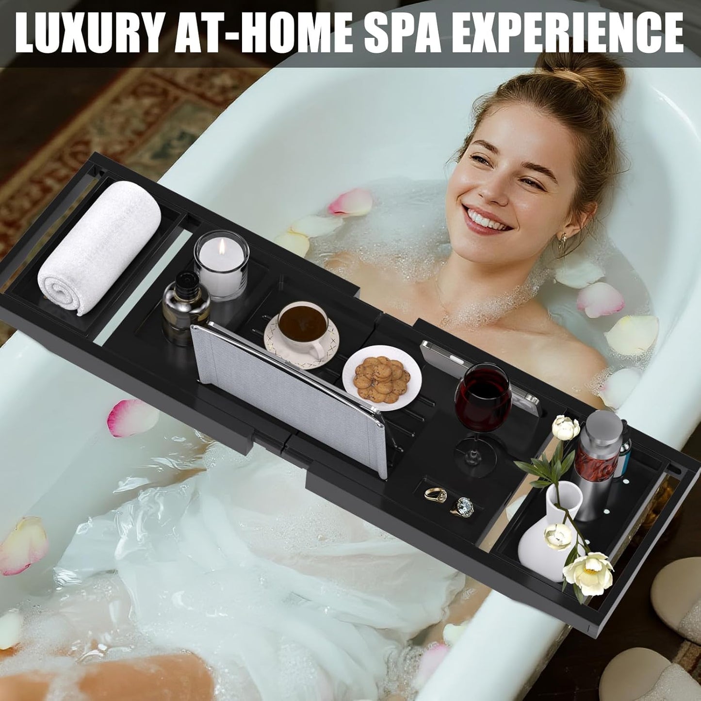 Bathtub Tray Caddy, Expandable Bath Trays for Tub, Bamboo Shelf & Table with Wine Glass Holder,Bathroom Accessories for New Home & Mothers Day & Birthday Gifts for Mom,Black