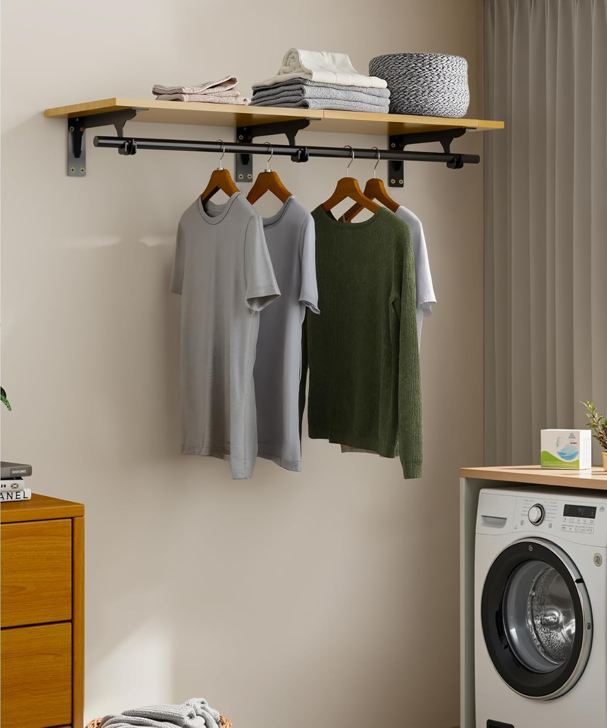 FIRJOY Wall Mounted Clothes Rack, with Top Shelf and Hanging Rod, Heavy Duty (11.8" x 31.5", Black)
