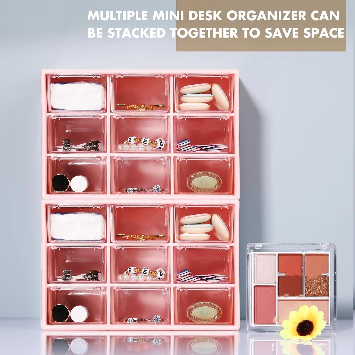 Amyhill 6 Pcs Mini Drawer Organizer Small Organizer with 9 Drawers Plastic Desktop Craft Storage Box for Office Home Room Jewelry Cosmetics Collection(Pink)