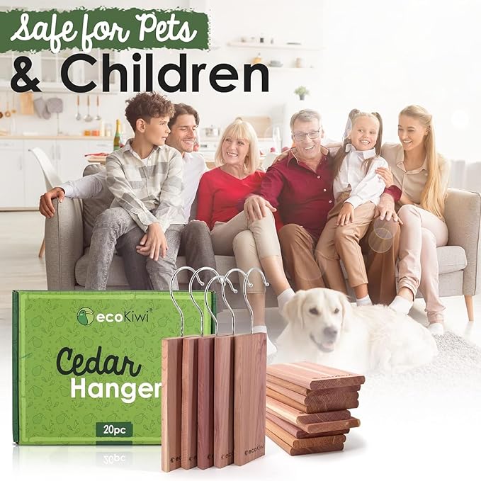 ecoKiwi Cedar Blocks for Clothes Storage - 20 Pack Hang Ups - 100% Natural Aromatic Cedar Planks for Closets and Drawers - Cedar Wood Hangers Balls Chips with Sandpaper - Cedarwood Scented Freshener