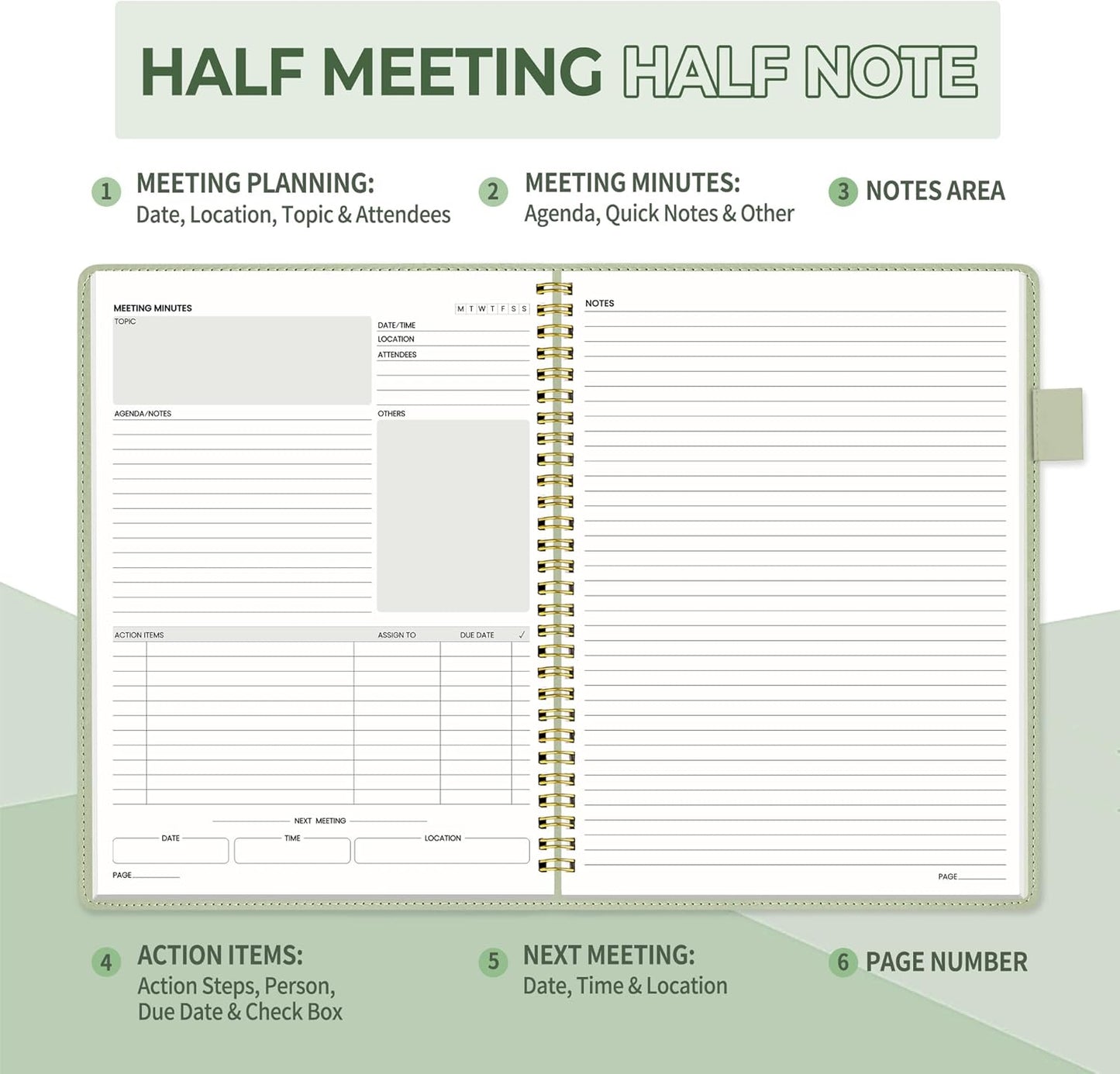 SUNEE Half Meeting Half Note - 7.5"x10" Professional Notebooks for Work - 160 Pages, B5 Size Project Planner, Spiral Meeting Agenda Organizer for Women Men, Note Taking,Office with Vegan Leather Cover
