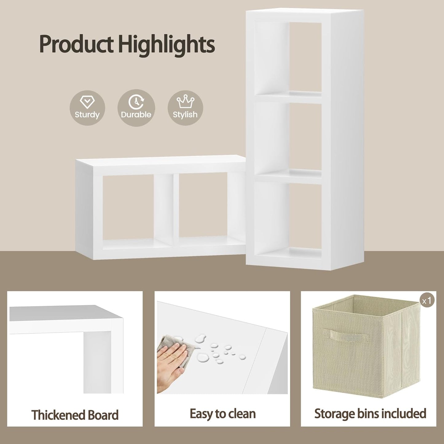 Bookshelf with Storage Bin, 2-Cube Storage Organizer, Modern Wood Open Bookcase, Multifunctional Display Shelf for Living Room, Bedroom, Home Office, White
