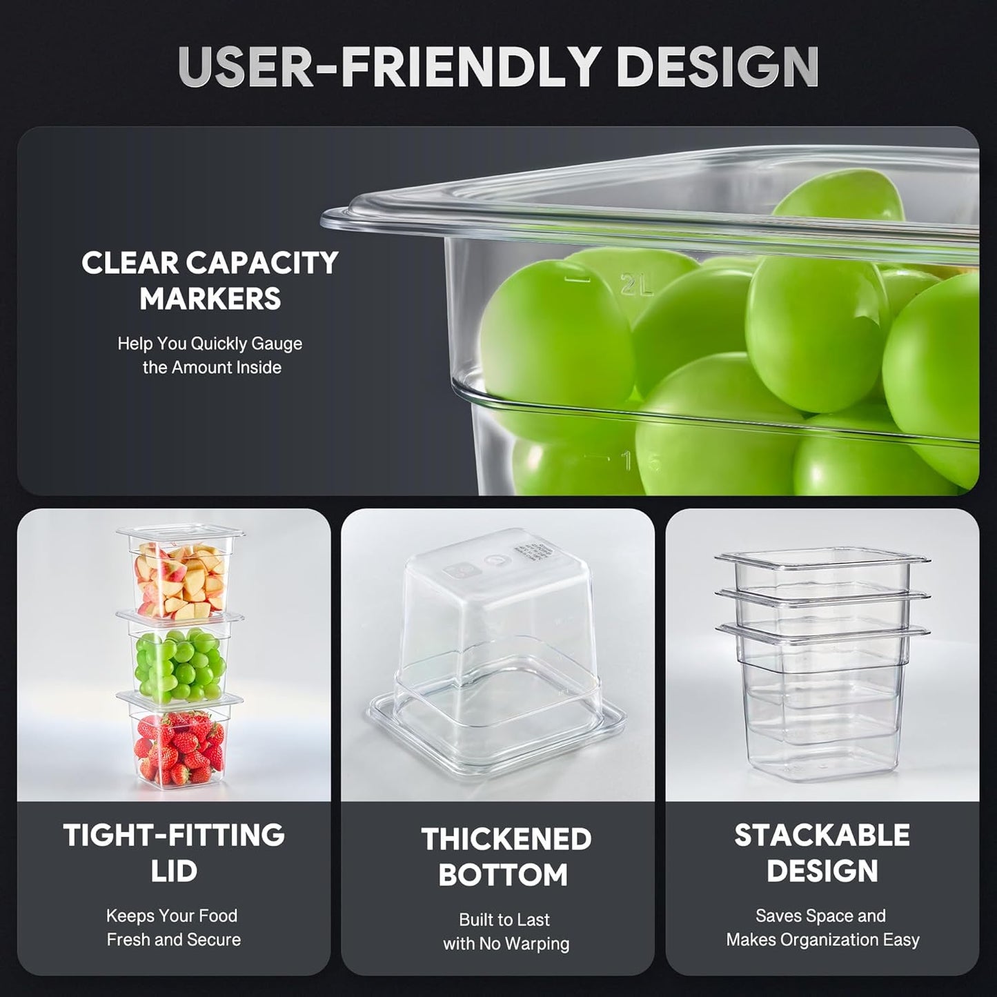 Wilprep 6 Pack Plastic Food Pans with Lids, 1/6 Size 6 in Deep Clear Food Storage Containers, 2.6 qt Stackable Polycarbonate Commercial Hotel Pans for Fruits Vegetables Beans Corns, NSF Listed