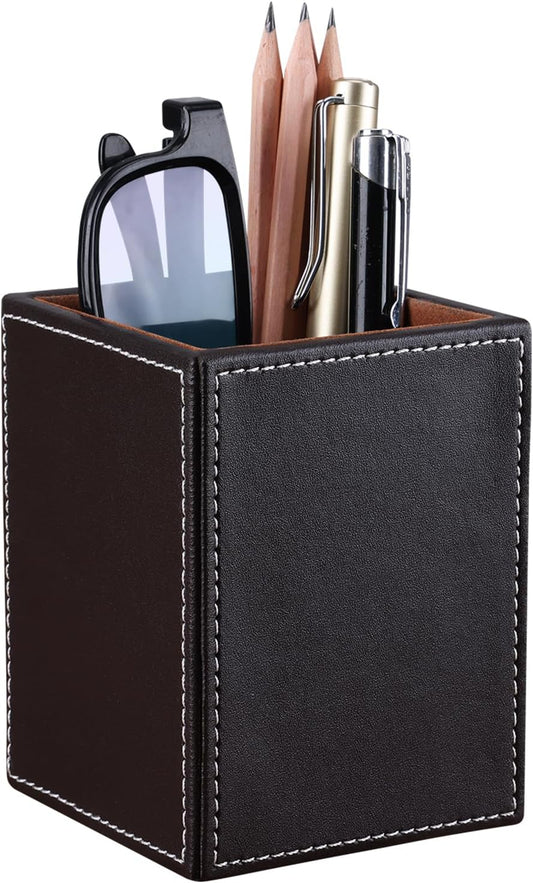 KINGFOM PU Leather Square Pens Pencils Holder Cup Desktop Stationery Organizer Case Office Accessories Container Box Brown