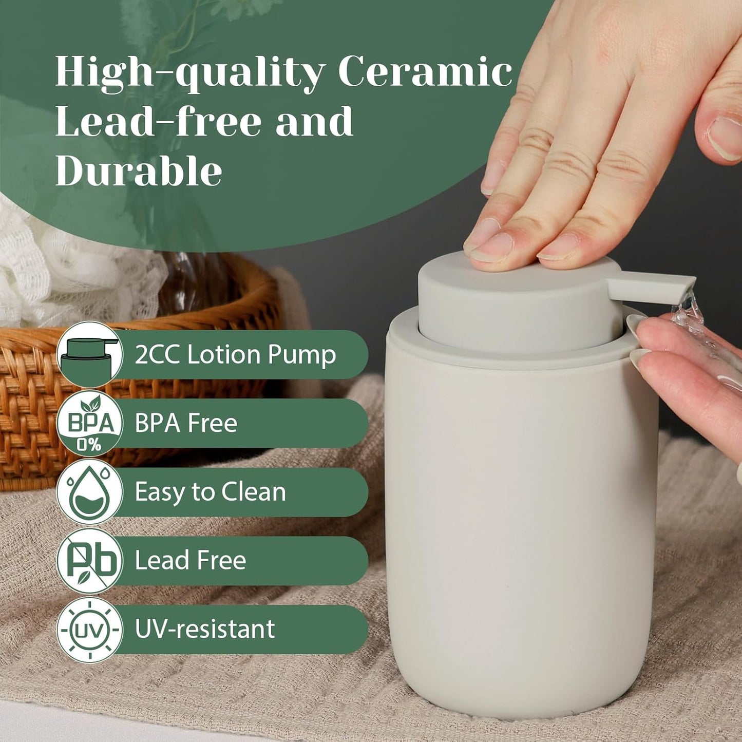 INGOFIN Ceramic Lotion Soap Dispenser Set, 2 Pack (12 oz) Bathroom Hand Soap Dispenser with Pump, Liquid Hand and Dish Soap Dispenser Set, 8 Pcs Clear Stickers,for Kitchen, Bathroom- Grey