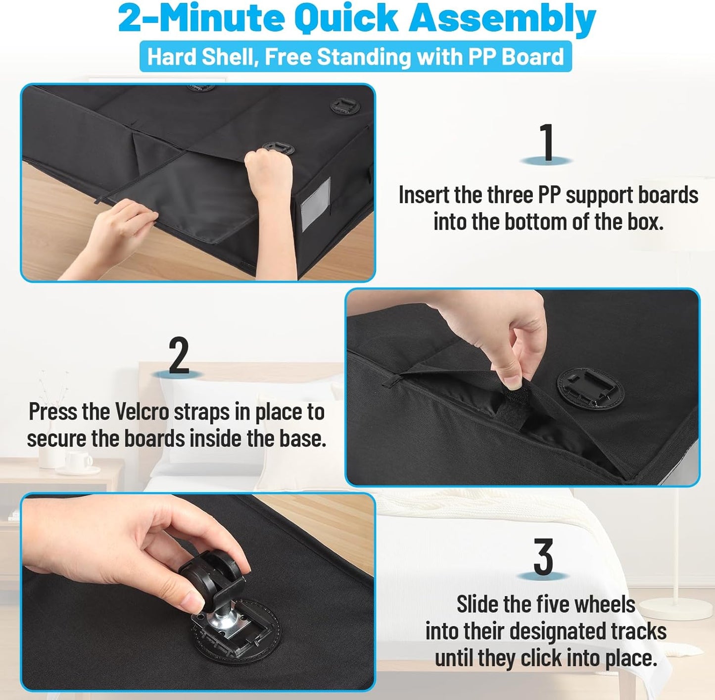 Under Bed Storage with Wheels, 2-Pack 10" Height XXL 60L Rolling Storage Bins, Quick Assembly Underbed Shoe Storage Containers with Clear Lid & Label, Dorm Under bed Drawers for Clothes, Shoes, Black