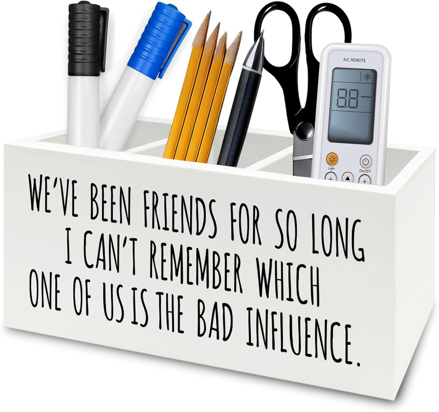Funny Sarcastic Friendship Pen Pencil Holder Organizer for Desk, Humorous Gifts, We've Been Friends for So Long I Can't Remember Which Wooden Box Signs Decor for Home Office Desk Tabletop