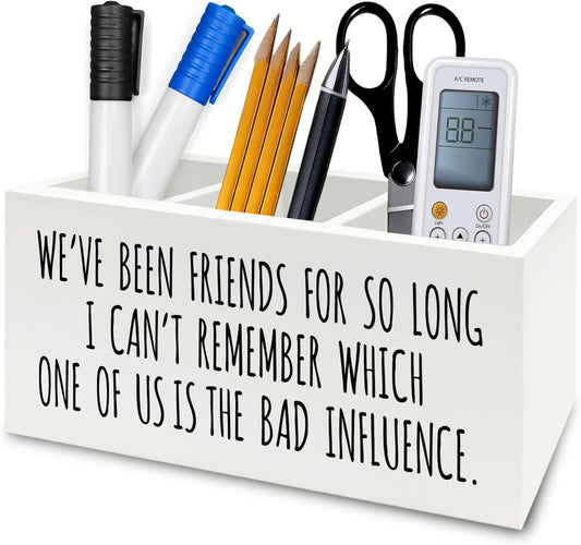 Funny Sarcastic Friendship Pen Pencil Holder Organizer for Desk, Humorous Gifts, We've Been Friends for So Long I Can't Remember Which Wooden Box Signs Decor for Home Office Desk Tabletop
