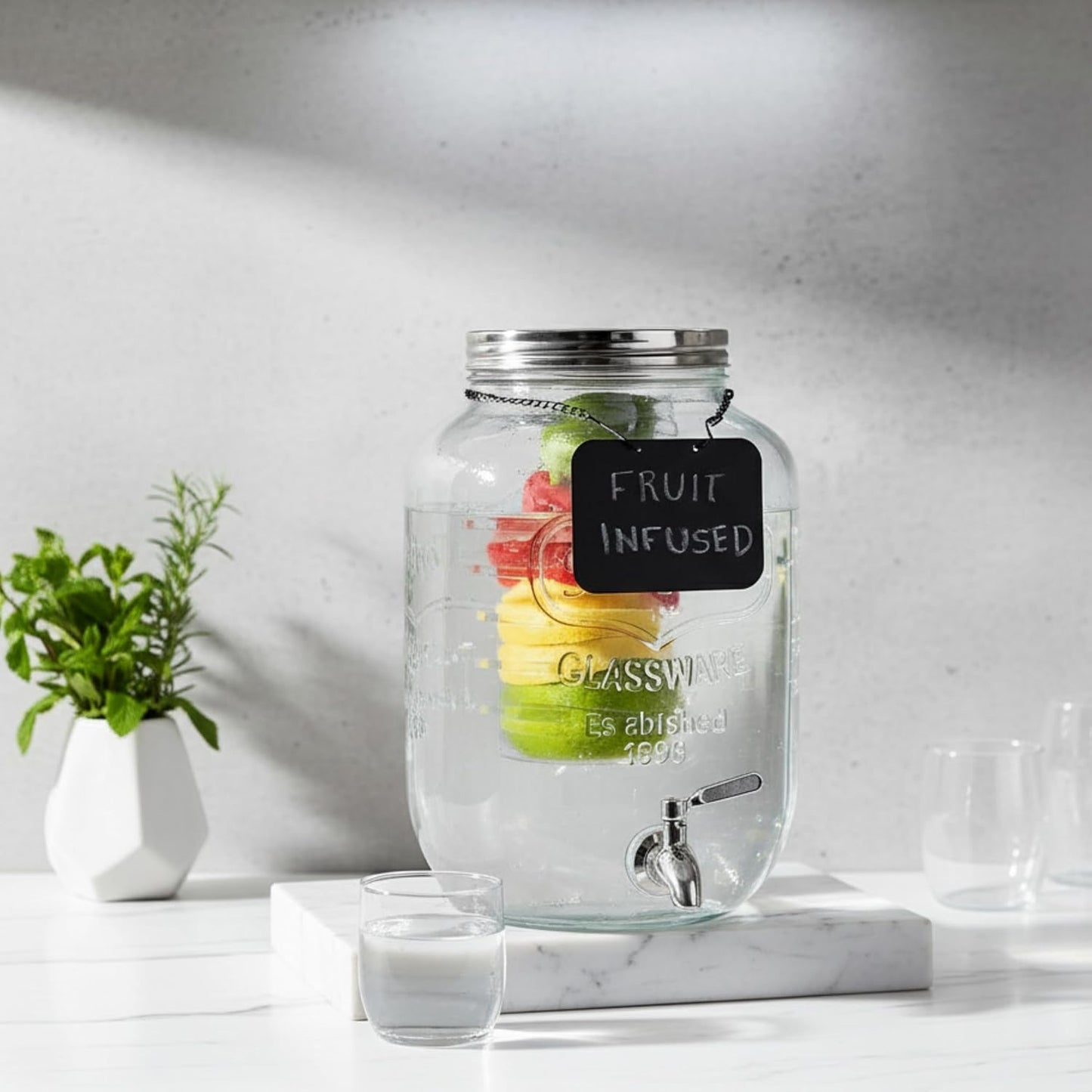 2 Gallon Extra Large Iced Beverage Dispenser with Ice & Fruit Infusers – Glass Mason Jar Drink & Beverage Container with Stainless Spigot