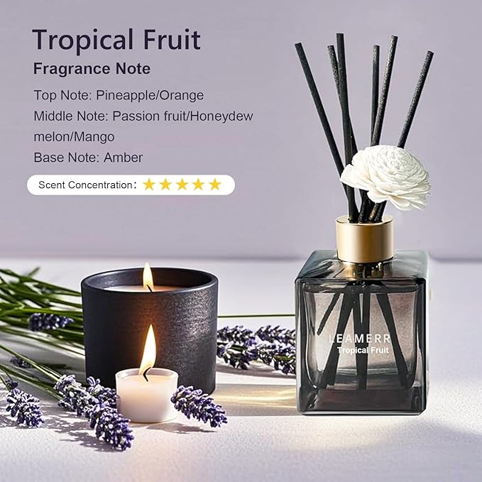 Reed Diffuser Set, 6.1 oz (180 ml) Tropical Fruit Scented Diffuser with Sticks Long-Lasting Home Fragrance Reed Diffuser for Home Room Office Bathroom Shelf Decor